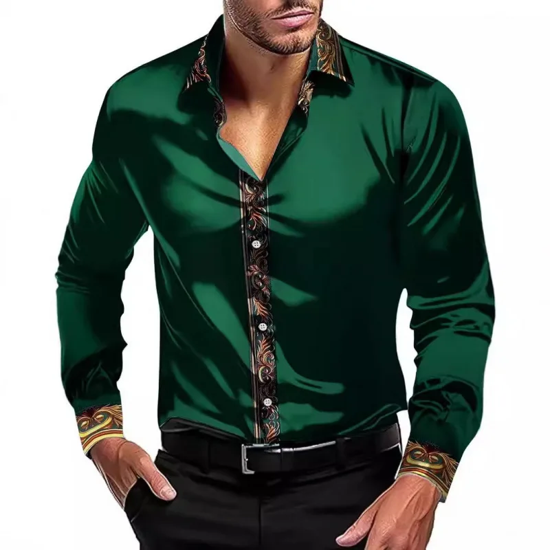 2026 Autumn Men's Luxury Satin Silk Shirt Long Sleeve Gold Baroque Print Slim Fit Casual Business Party Dress Shirt Streetwear