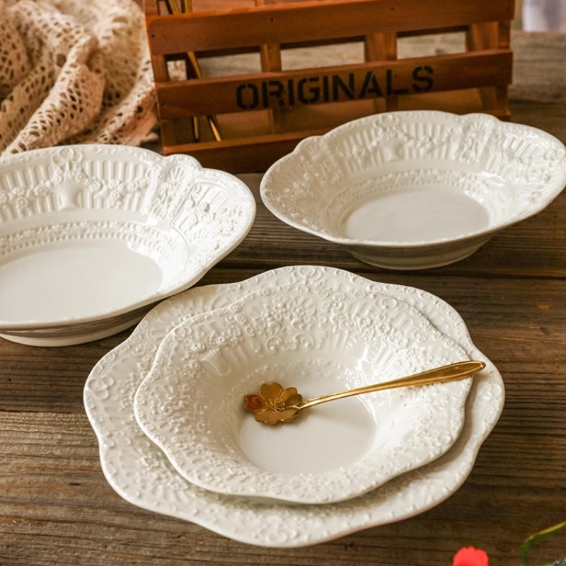 Modern Ceramic Dinner Plates Handmade Flowers Border Relief Decorative Home Fruit Salad Plates Wedding Center Desktop Cake Dish
