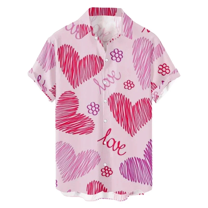 Hart Liefde Print Heren Shirt Zomer Nieuwe Mode Korte Mouw Blouse Knop Valentijnsdag Kleding Party Sociale Jurk Tops