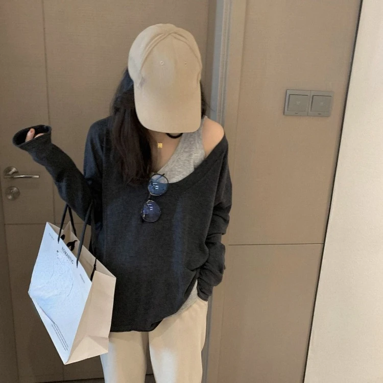 Grey Off Shoulder Knitted Vest Two-piece Sets 2024 Autumn Thin Long Sleeve Loose Pullovers+ Y2k Slim Fit  for Women