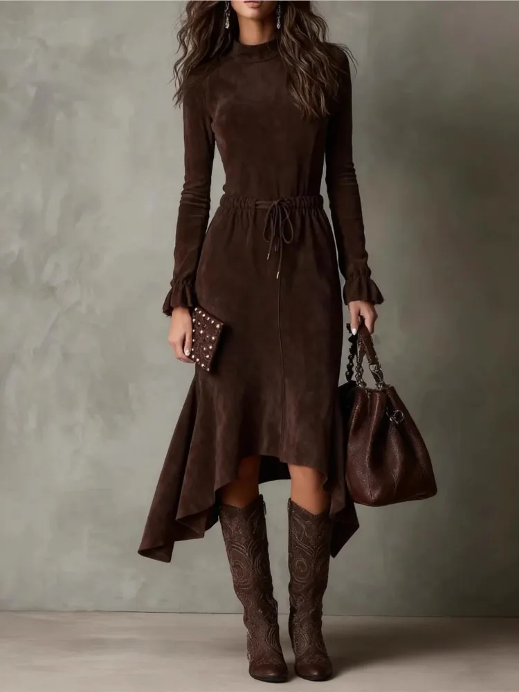 

Однотонное платье с круглым вырезом в стиле ретро, женское весенне-осеннее модное тонкое платье с длинными рукавами и нерегулярным подолом, женские платья в иностранном стиле