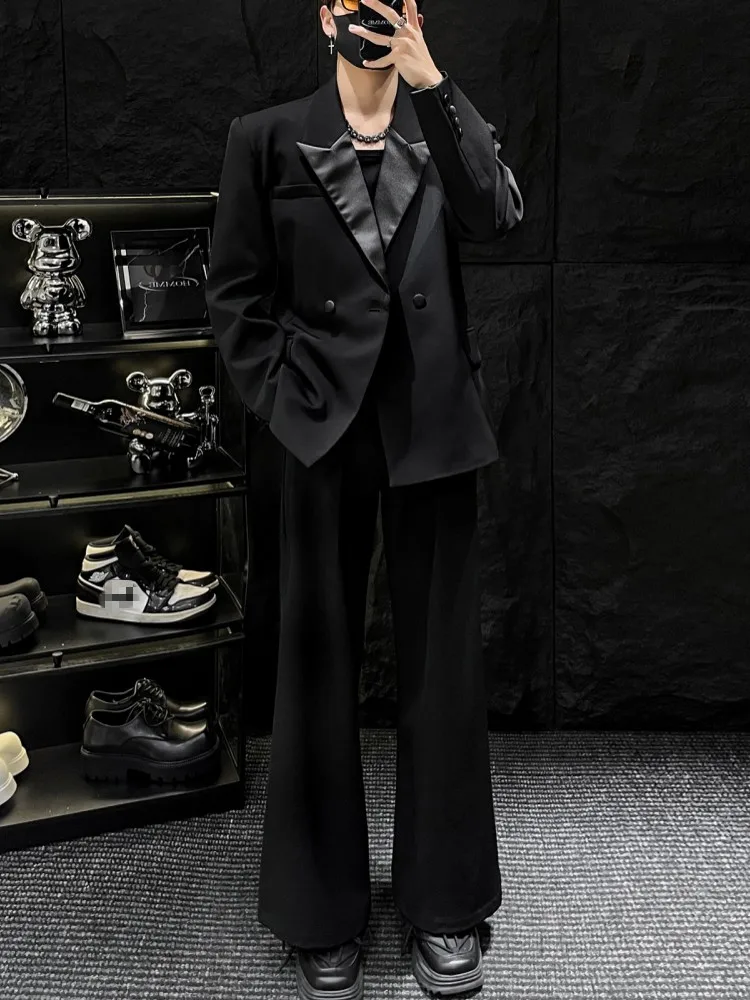 Mens Spliced Collar Double Breasted Blazer Jacket Wide Leg Pants Two Piece Set Business Casual Work Suit Set Party Outfits Suits