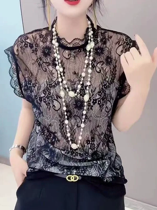 

Spring Summer Thin Lace Sleeveless Base Shirt New Style Elegant Shoulder Pad High End Black Lace Korean Version Small Top