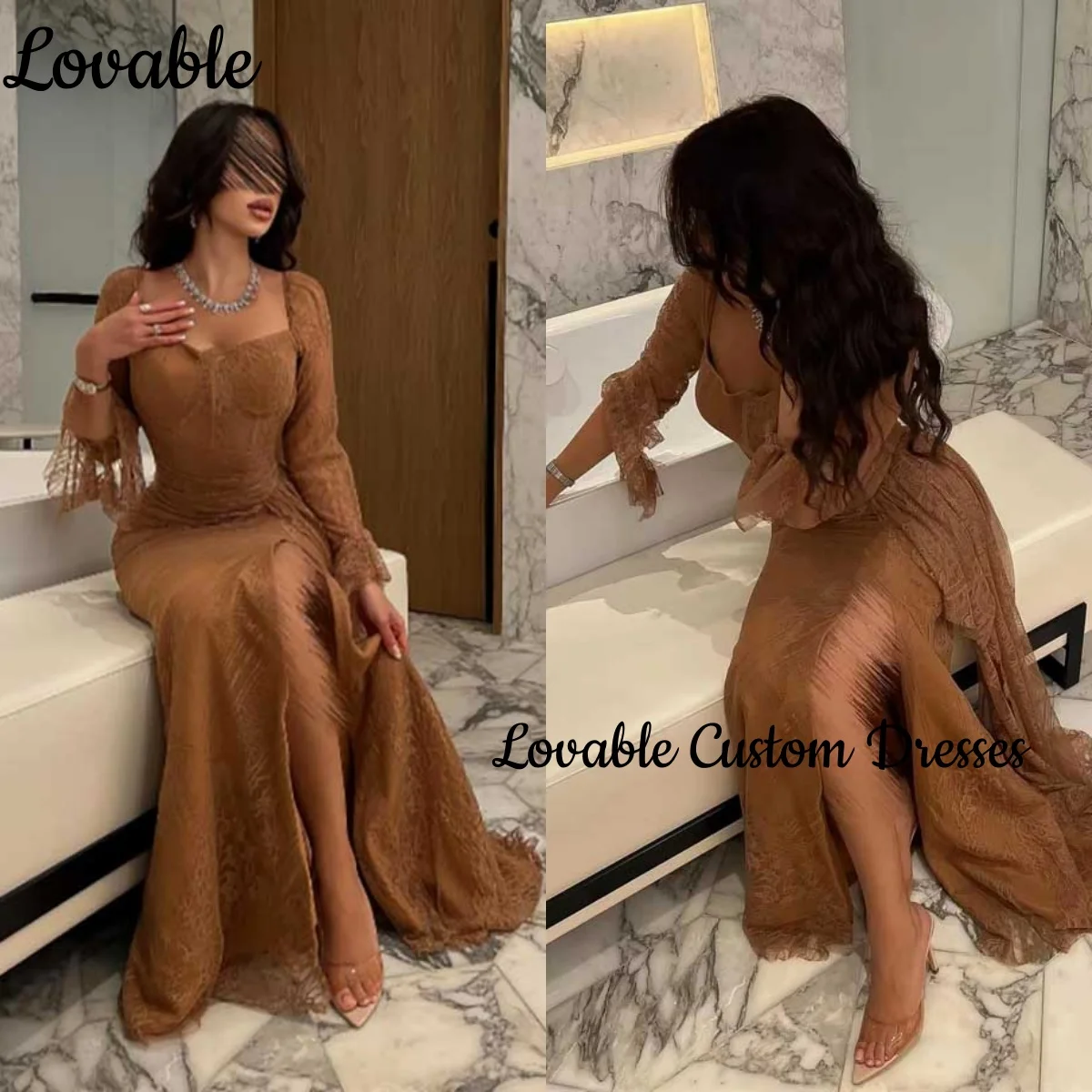 

A-Line Lace Customize Formal Occasion Dresses Square Neckline Floor-Length Women'S Evening Dresses Split Zipper Up Long Sleeves