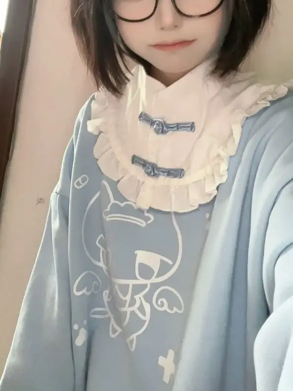 

Onalippa Fashion Autumn Winter New Cute Printed Long Sleeved Sweater Women Sweet Versatile Button Up Ruffle Anime Loose Top