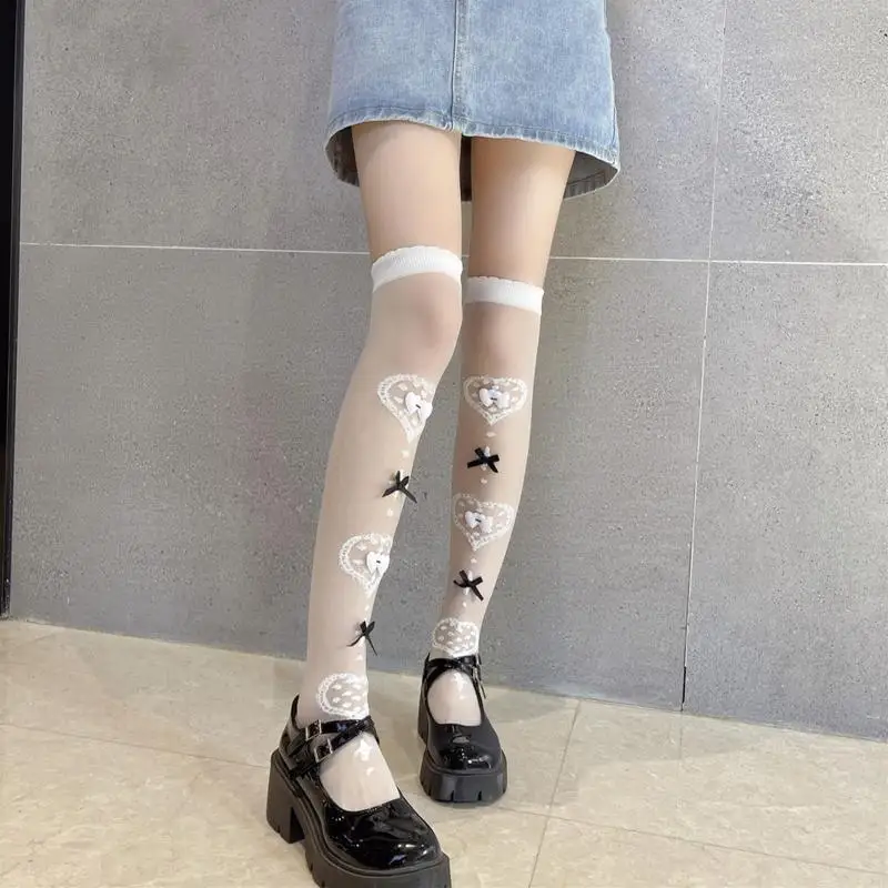 

195E женские чулки до бедра в стиле Лолиты из стекловолокна, милые кружевные гольфы с сердечками, жаккардовые кавайные гольфы с