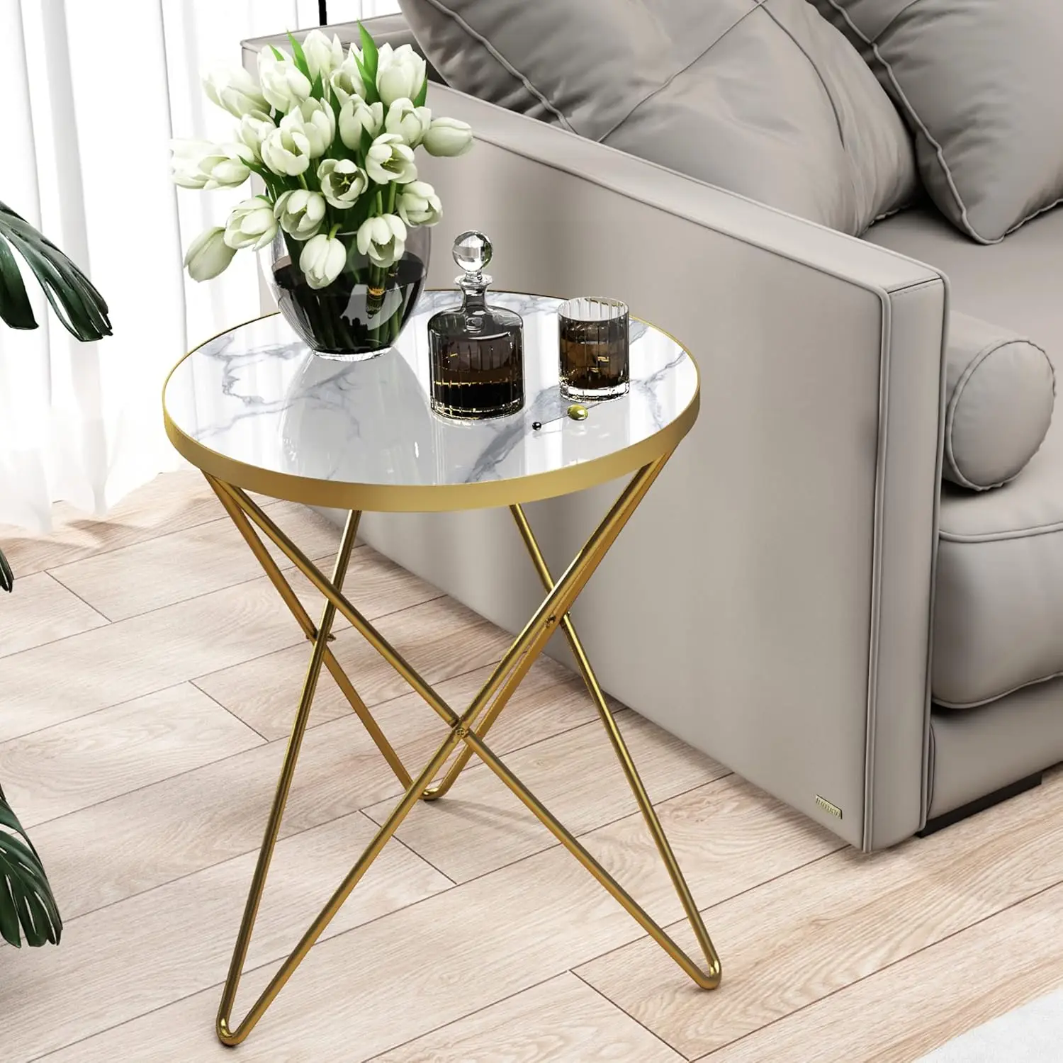 

Modern Round Side Table, End Table With Marble Effect Top And Gold Metal Frame, Small Side Table For Living Room, Bedroom, Sofa