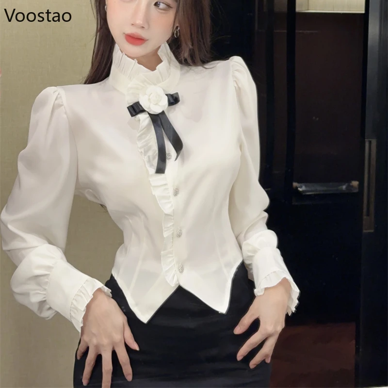 France Sweet White Shirt Women Elegant Floral Bow Long Sleeve Slim Blouses Office Lady Korean Fashion Black Shirts Female Tops