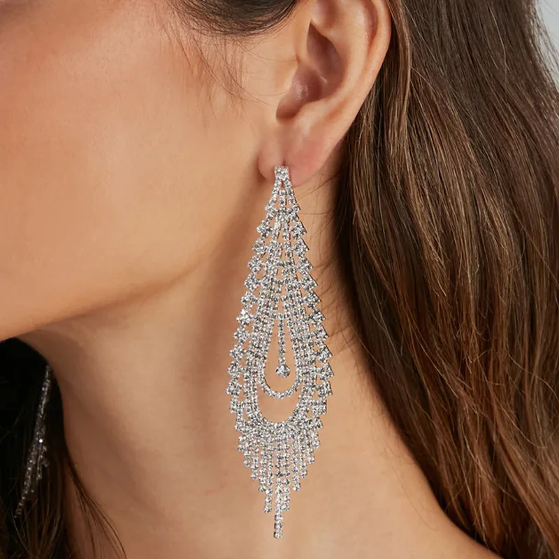 Fashion Brand Exaggerated Jewelry Delicacy Shinning Crystal Chain Tassel Rhinestone Long Earrings for Women Druzy Drop Earring