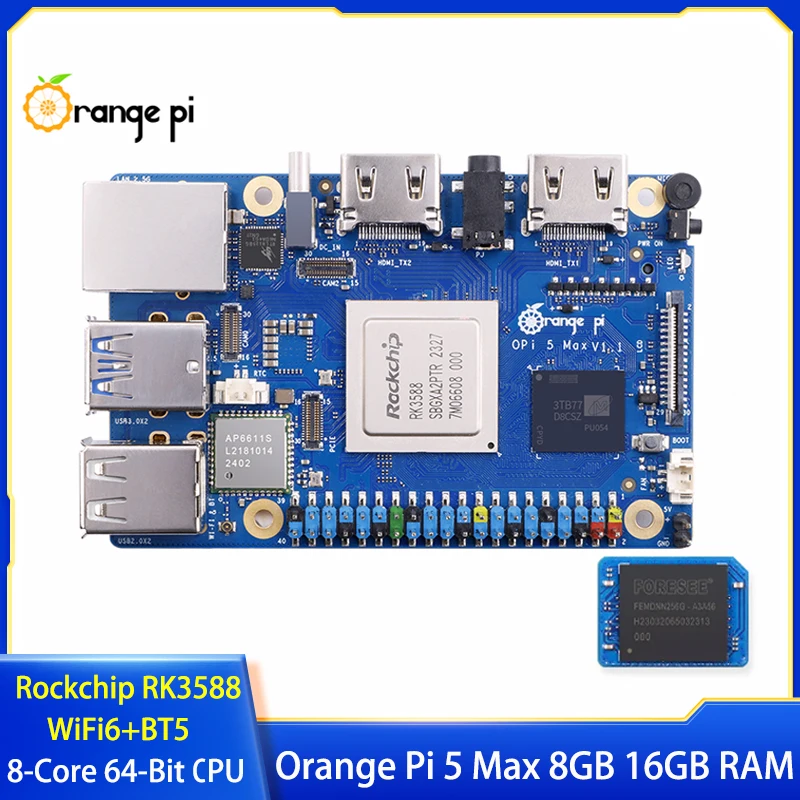 Placa de desarrollo Orange Pi 5 Max 8GB 16GB RAM Rockchip RK3588 M.2 PCIE 2,5G LAN WiFi6 + BT5 EMMC opcional para Orange Pi 5 Max