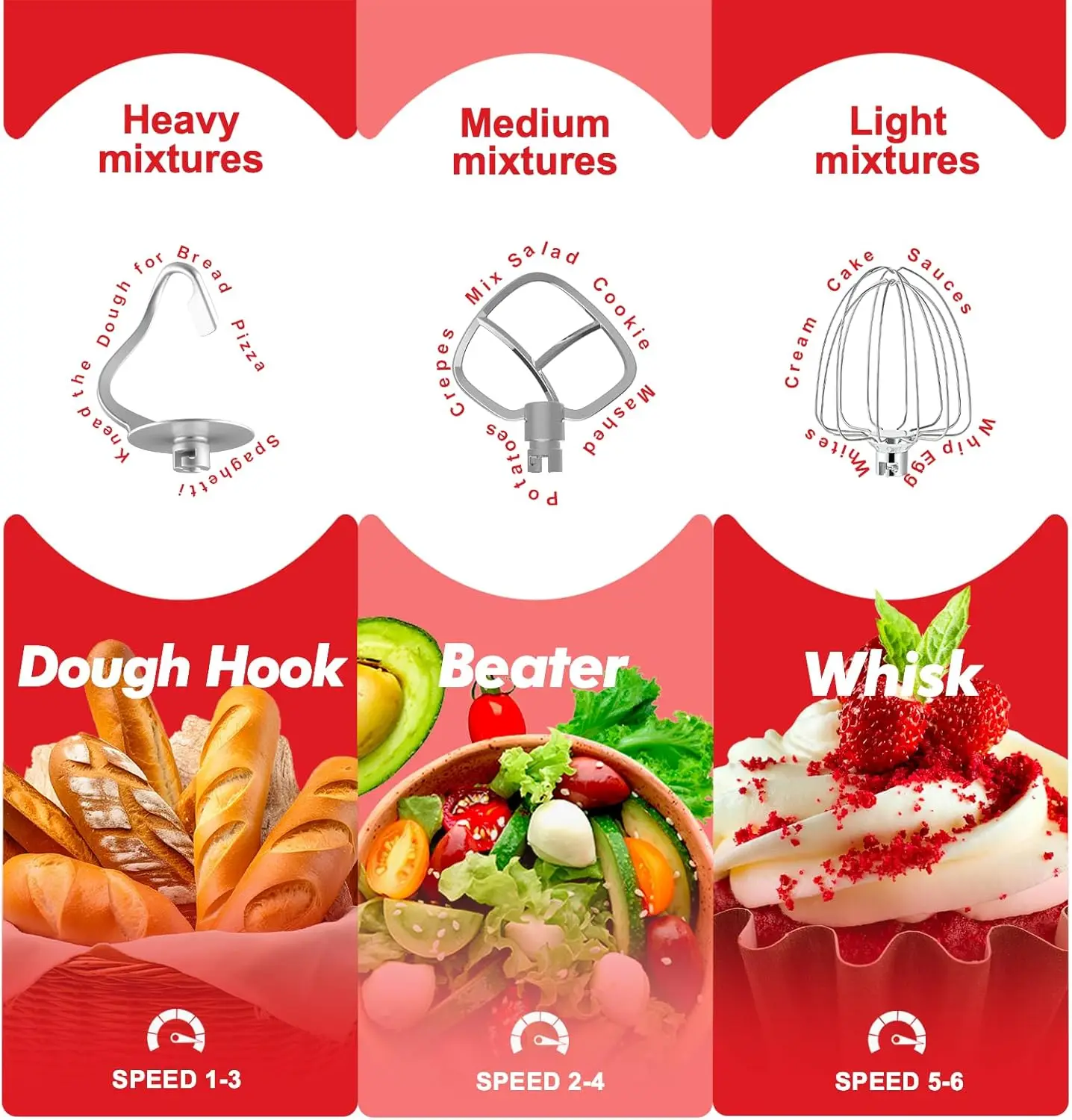 Suporte elétrico Food Mixer, Tilt-Head, Cozinha, 6 velocidades, Tilt-Head, Dough Hook, Wire Whip, batedor, máquina de lavar louça segura, 6.5QT, 660W