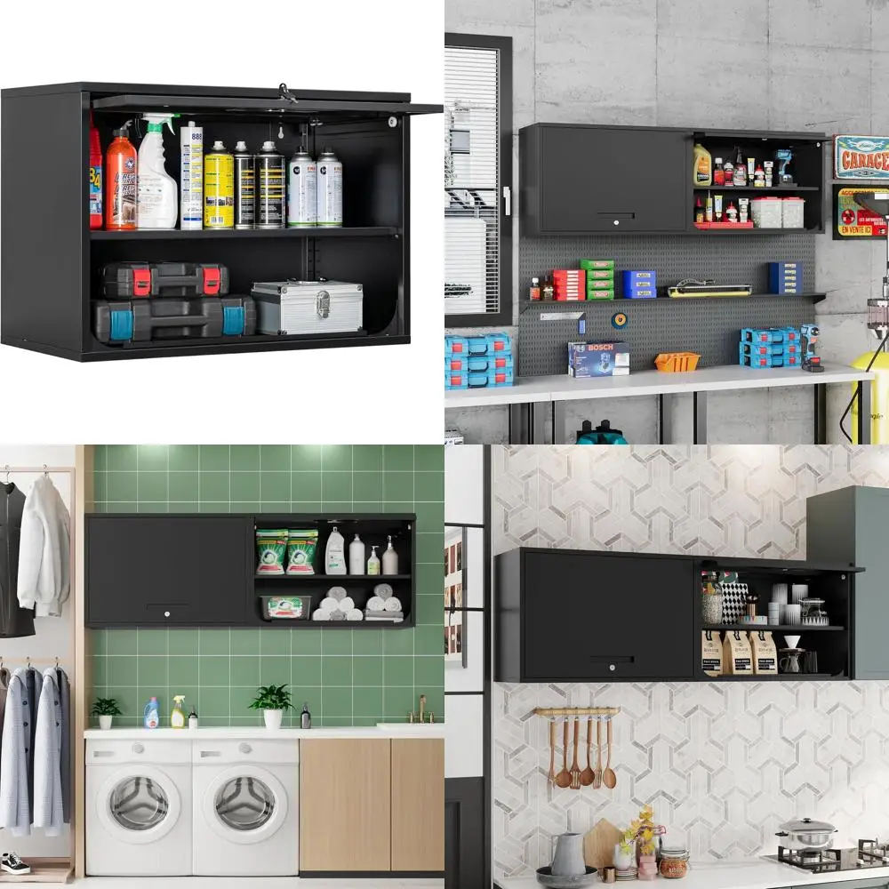 

Черный металлический настенный шкаф для хранения с полками и запирающейся дверцей для дома, офиса и гаража