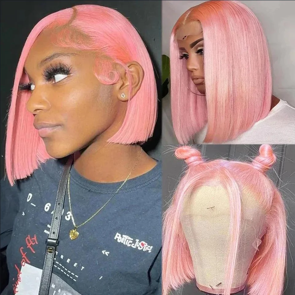 

High Quality Colored Pink Straight Short Bob 13x4 Transparent Lace Frontal Wigs Brazilian Human Hair Wig Pre Plucked For Women