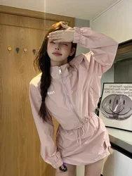 American Style Sportswear Set Women's Loose Summer Sun Protection Two-Piece Suit Short Skirt Long Sleeve Zipper High Waist