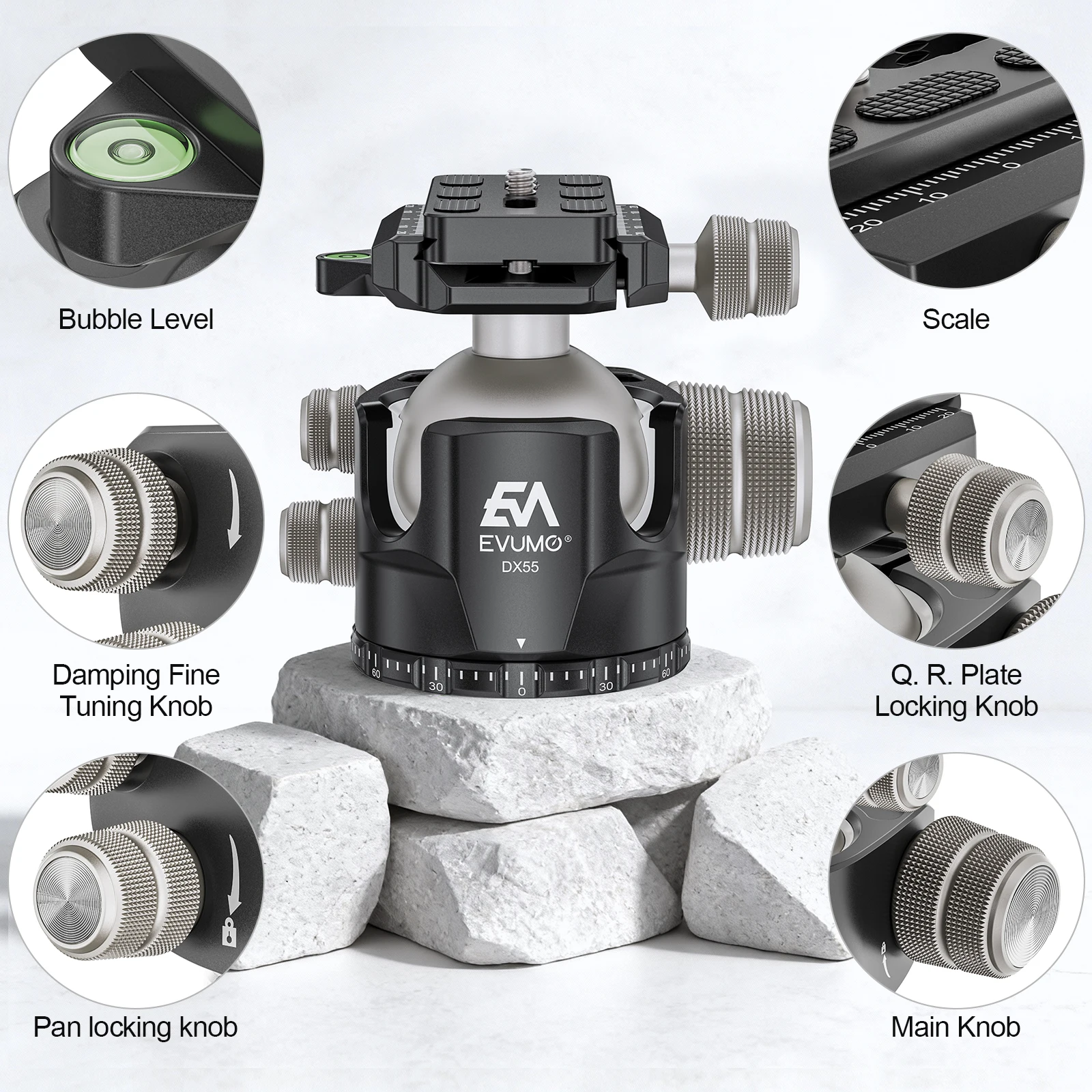 EVUMO DX55 Professional 55mm Big Ball Head Low Profile Panoramic Video Ballhead with Picatinny Clamp Arca Swiss Plate Load 40kg