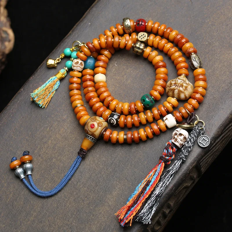 Tibetan-style returned yak 108- Buddhist prayer beads, old bone inlaid with a three-way bead and a "Shitadu" accessory