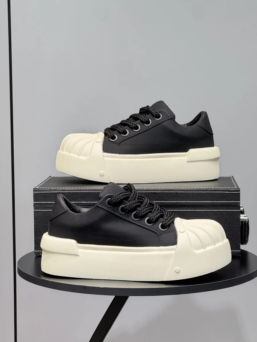 

Autumn new trendy brand leather casual shoes thick sole heightening big head low top men's board shoes