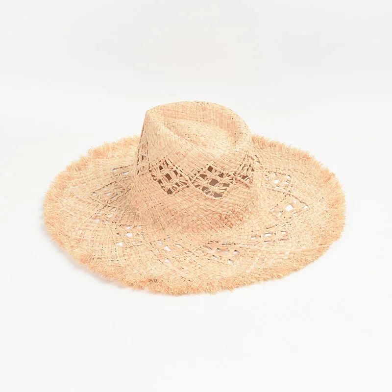 USPOP 2024 NEW Sun Hat, Hand-Woven Hollow Out Rafia Hat for Women, Large Brimmed Hat with Fringed Edges for Beach Holiday