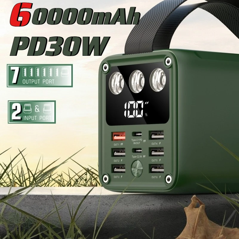 

60000mAh High Capacity Power Bank PD 30W Fast Charging with LCD Display for Outdoor Camping Spare Auxiliary Battery