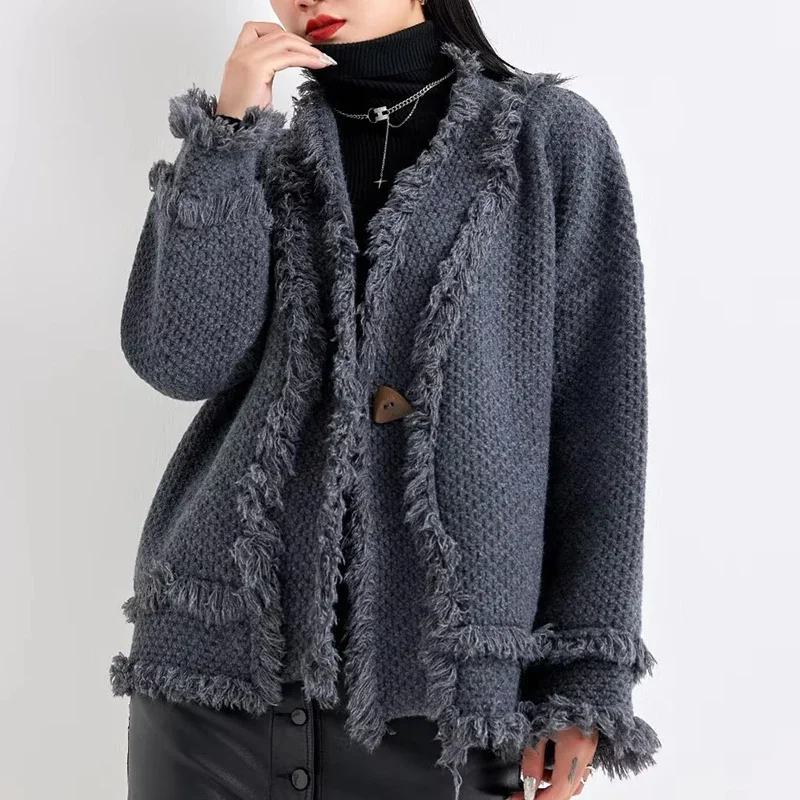 

Thickened Tassel Edge Sweater Coat Loose Large Size Knitted Pure Color Fashionable Outerwear Spring Autumn V-neck Sleeveless