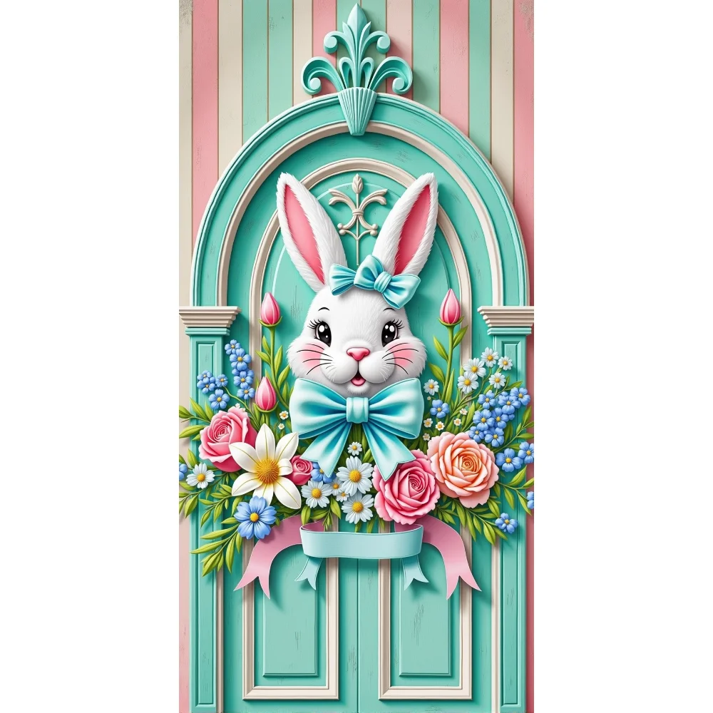 Easter Banner Wreath Rabbit Design Door Decorative Background Hanging Cloth for Easter Party Home Patio Door Decoration Backdrop
