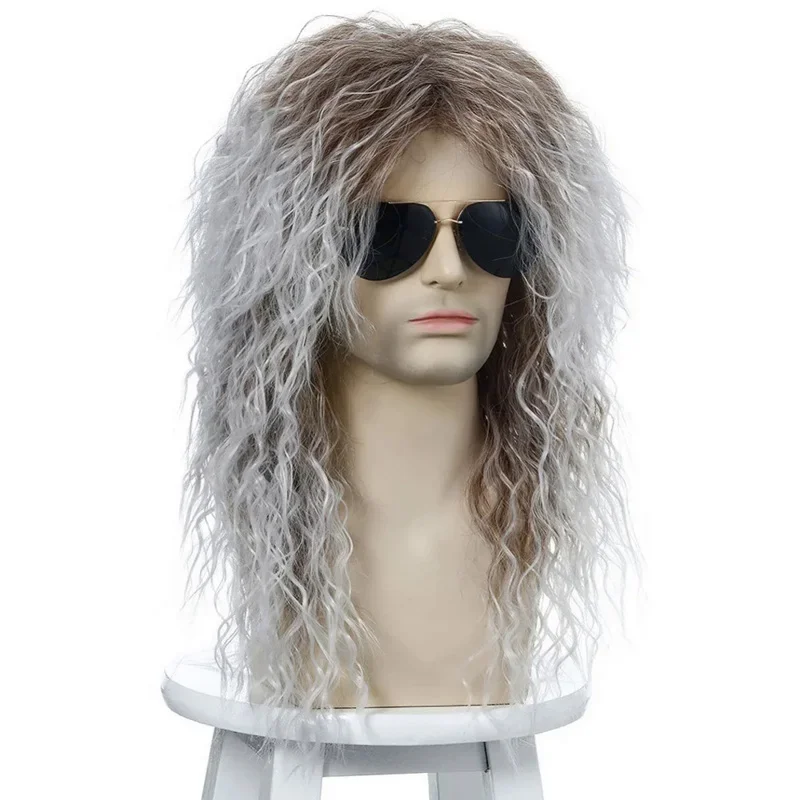 A Synthetic black silver wig long curly puffy wigs for men punk cosplay Halloween disco rock party wig