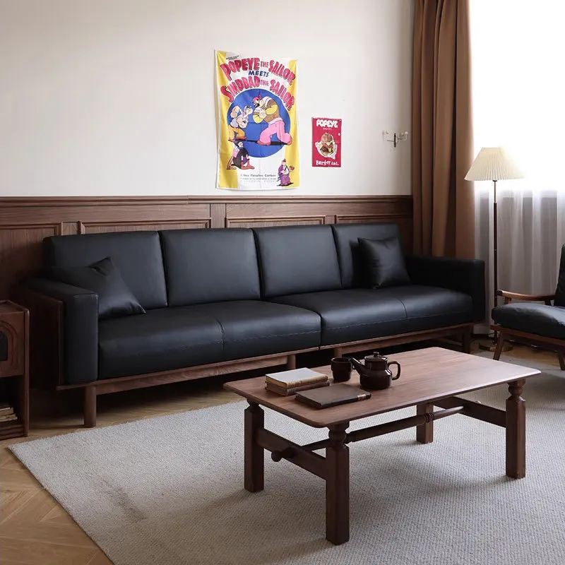 

Black walnut sofa medium antique leather first layer sofa retro quadruple French bed