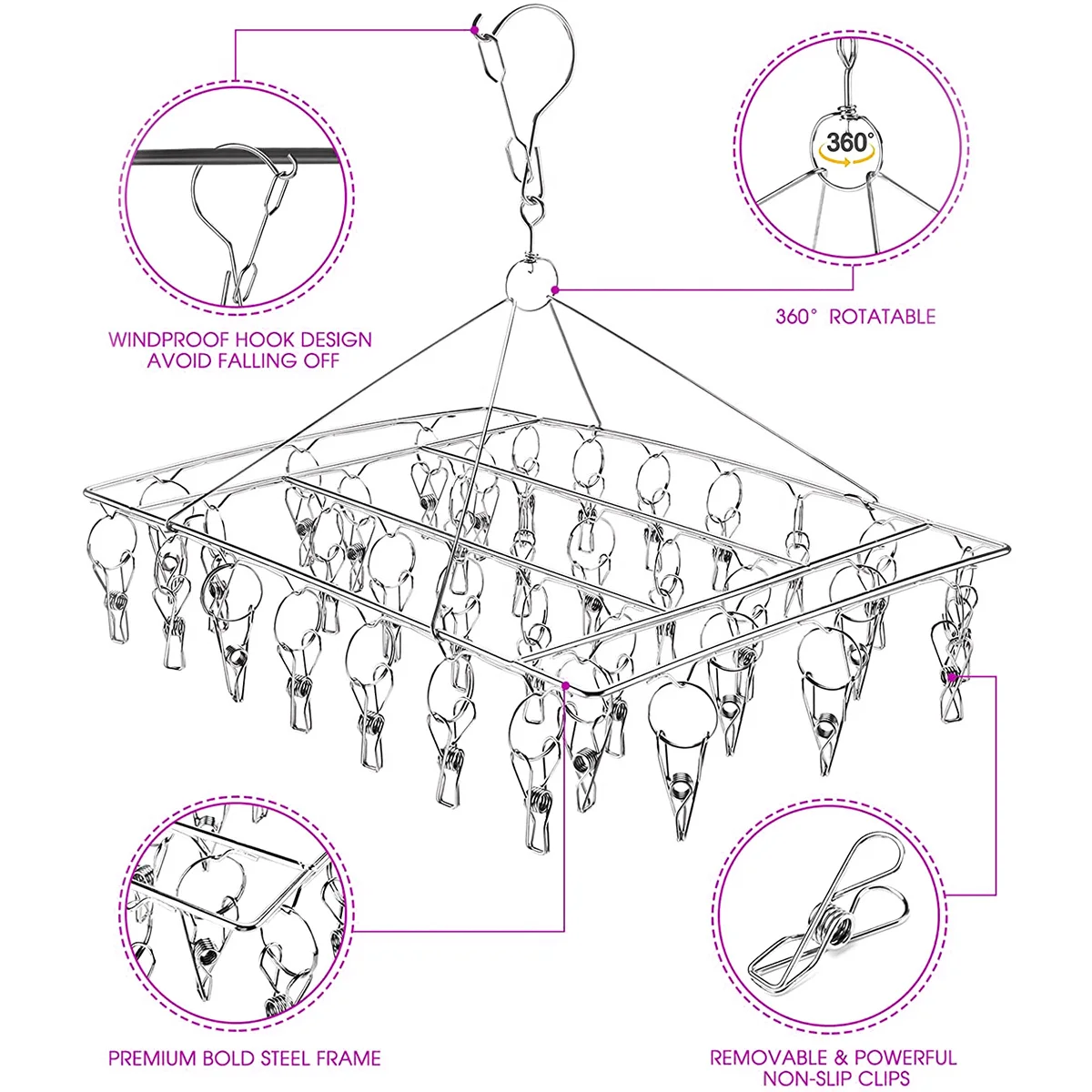 Sock Drying Rack with 25/35/36 Pegs Stainless Steel Windproof Underwear Socks Clip Swivel Hook Space Saving Sock Hanging Rack