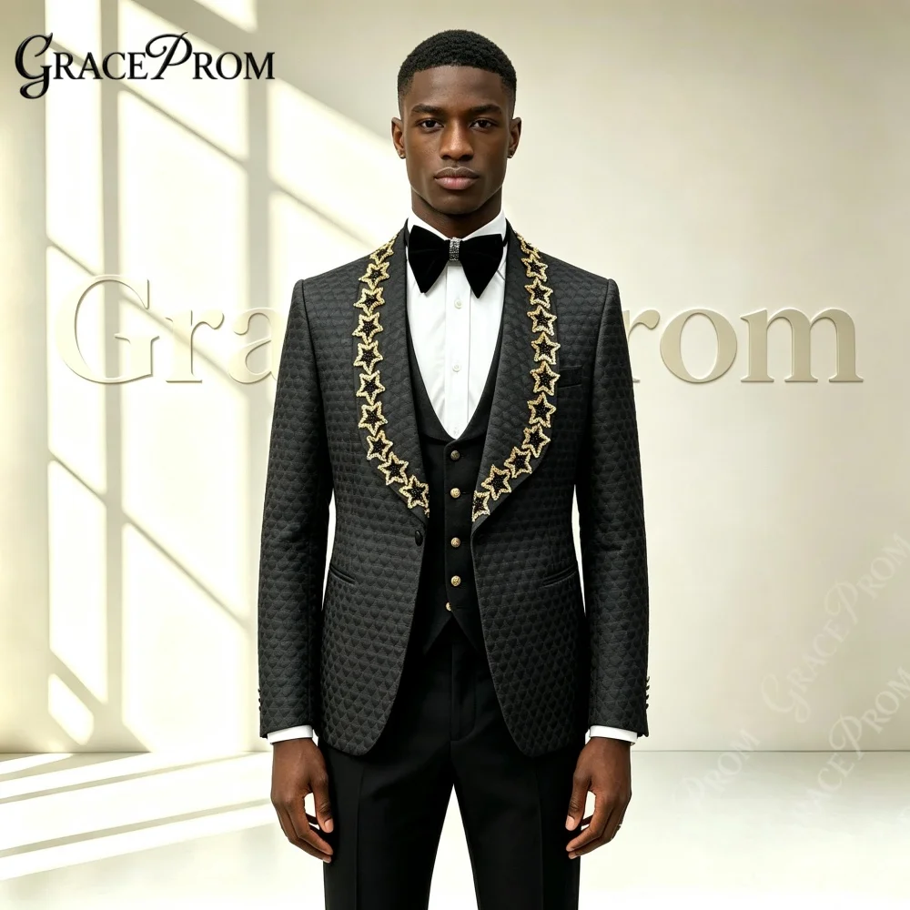 Premium Black Gold Star Beaded Men Suits 3PCS Wedding Groom Sets Man Peak Suit Set Banquet Prom Party Wear Embroidery Tuxedo