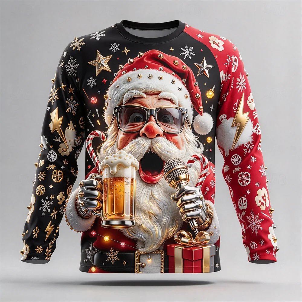 Men Christmas Long Sleeve T Shirt 3D Print Beer Drinking Santa Pattern Ugly Xmas Style Casual Tops Winter Holiday Party Clothing
