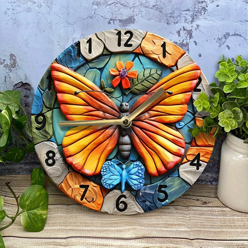 Silent Aluminum Wall Clock With Butterfly Wings Design - Perfect For Pet Lovers & Mother'S Day Decor, Autumn Living Room Accent