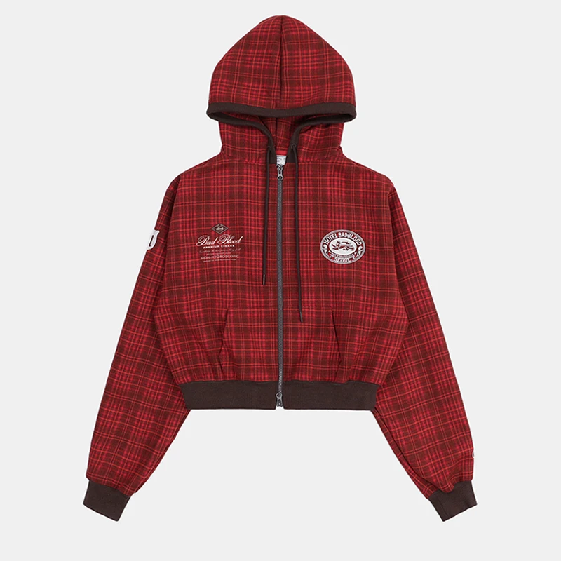 Sweat à capuche à carreaux rouge rétro américain pour femmes, Sport décontracté, coupe ample, brodé, longue fermeture éclair, printemps-automne