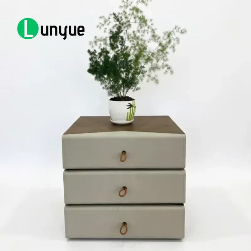 Modern Rotating Bedside Table 3 Layer Drawer Saddle Leather Nightstand Storage Cabinet for Bedroom Living Room Home Furniture