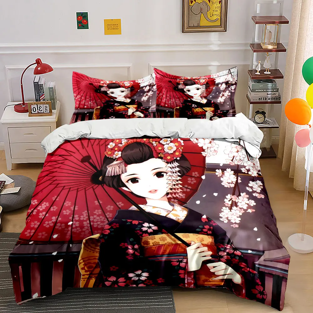 Kimono woman with umbrella, cherry blossoms Print Bedding Set 1 Duvet Cover 2 Pillowcases for Adult and Children Luxury Gift