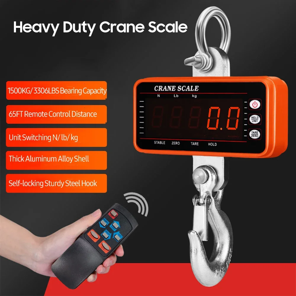 Digital Hanging Scale 1500kg/1000kg/500kg with 65ft Remote Control Heavy Duty Crane  Dimmable LED Industrial Hook s