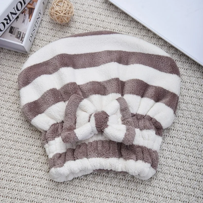 Home textile shower cap (suitable for ladies), with striped pattern, super absorbent bathroom accessory, hair protection cap