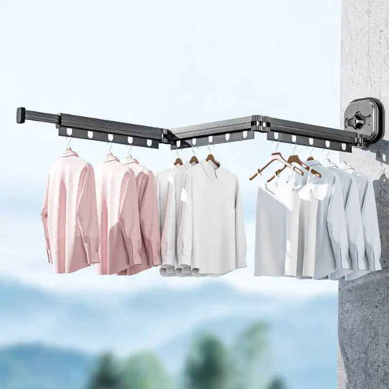 Suction Wall Mount Folding Clothes Drying Rack With Retractable Suction Cup Extension Pole Reusable 3-Fold Clothes Drying Rack