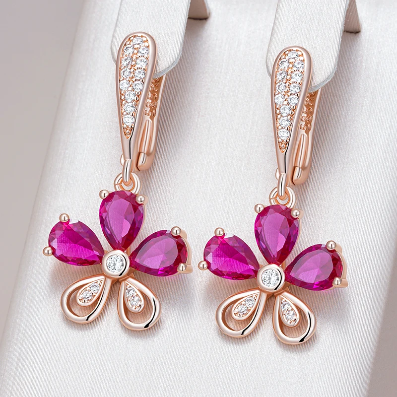 Kinel Hot Red Natürliche Zirkon Tropfen Ohrringe für Frauen Mode 585 Rose Gold Farbe Kristall Blume Zubehör Feine Täglichen Schmuck