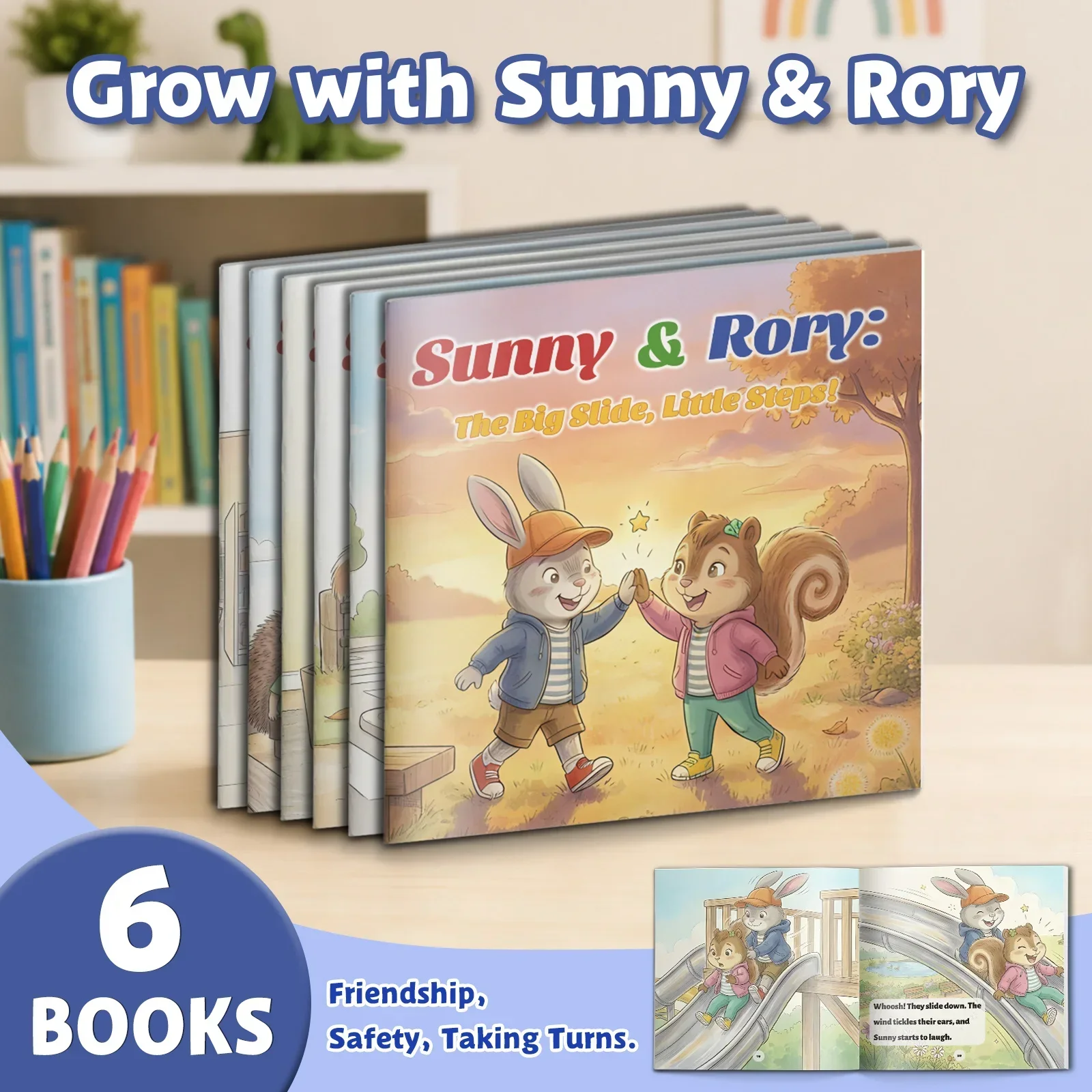 6-Book Sunny & Rory Social Skills Story Set for Kids: Friendship, Safety, Sharing, Taking Turns, Patience, Courage