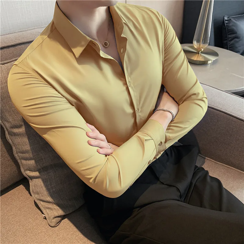 Khaki Men Shirt Luxury Quality Soft Long Sleeve Shirt Wedding Man 4XL Slim Fit Casual Blouse Male Chemise Homme Camisa 11 Colors