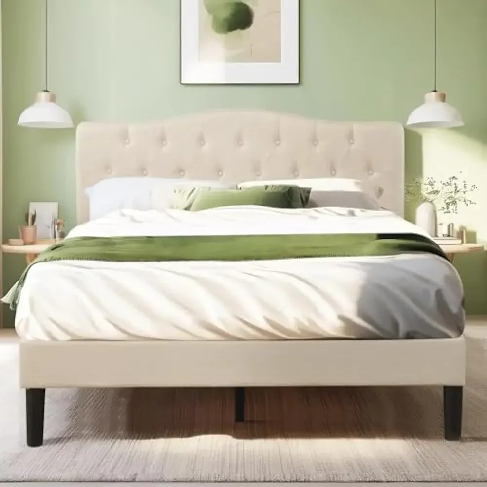

Full Size Bed Frame with Fabric Upholstered Headboard and Wooden Slats Support, No Box Spring Needed/Easy Assembly