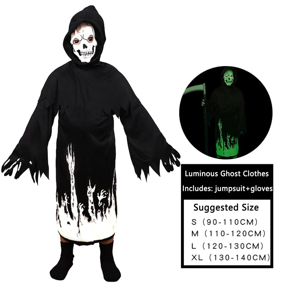 مجموعة ريبر مضيئة للأطفال - طباعة جمجمة رداء مضيء مع منجل وقفازات، حفلة الهالوين،