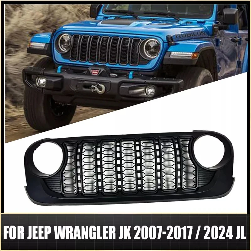 

Front Grille Fit for Jeep Wrangler JK 2007-2017 Upgraded to JL 2024 Style Front Grille Bumper Mesh Grid Car Accessories