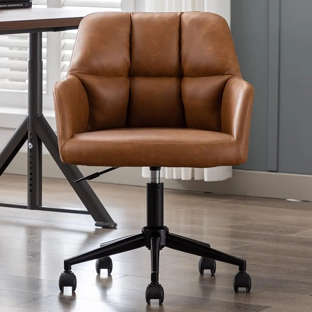 

Adjustable Home Office Desk Chair With Comfy Square Tufted Mid-Back, Faux Leather 360 Swivel Upholstered Task Armchair With