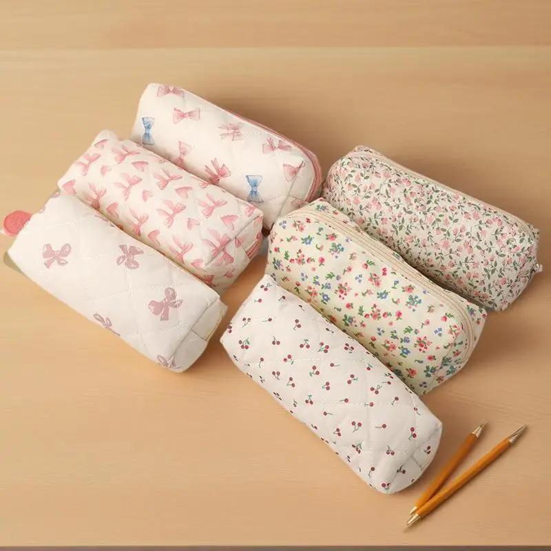 Sweet Cute Bow Floral Cherry Pencil Case Portable Large Capacity Student Stationery Storage Bag Pen Bag Girly Cosmetic Bag Gifts