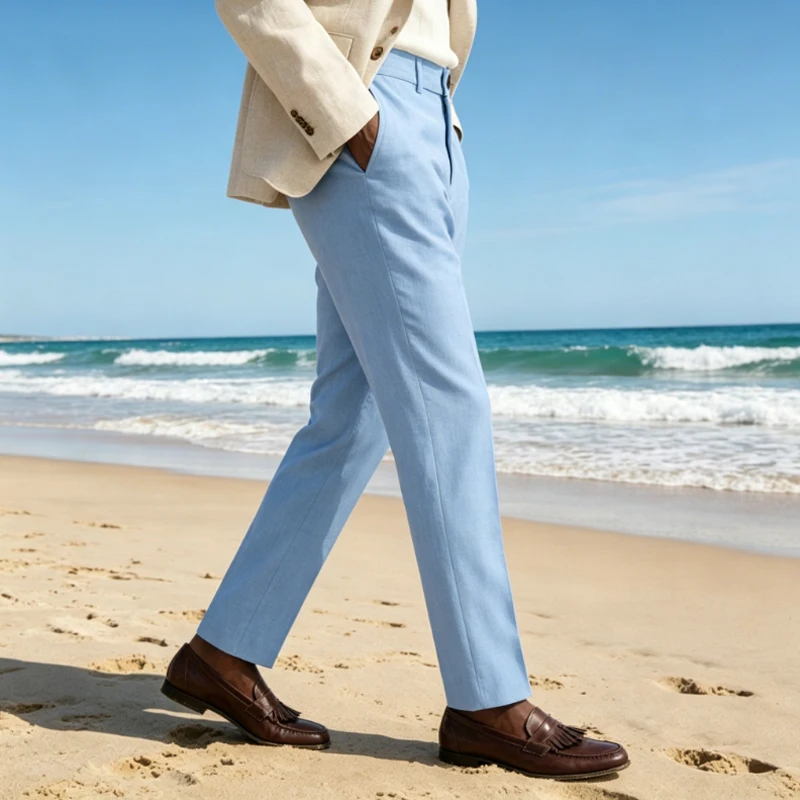 Men's Linen Pants Slim Fit Straight Leg Breathable Lightweight Summer Casual Trousers for Business Beach Wedding Daily Wear
