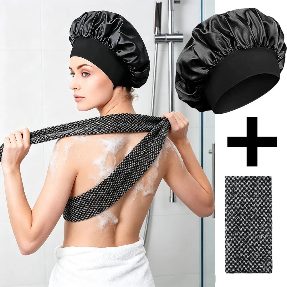 2Pcs Satin Shower Bonnet+Exfoliating Back Bath Towel Set,Wide Band Black Sleep Hair Cap Long Body Scrub Wash Cloth Bathroom Kit