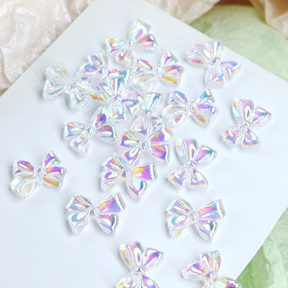 30pcs/bag Aurora Bowknot Epoxy Resin Filling Accessories Transparent Short Bow Resin Art Charms Spring DIY Jewelry Crafts Making