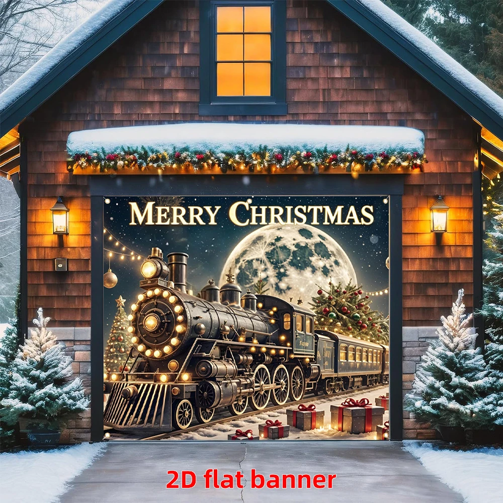 1PC Christmas Christmas Vintage Steam Train Garage Door Print Backdrop Banner, Bedroom Living Room Kitchen Photo Background