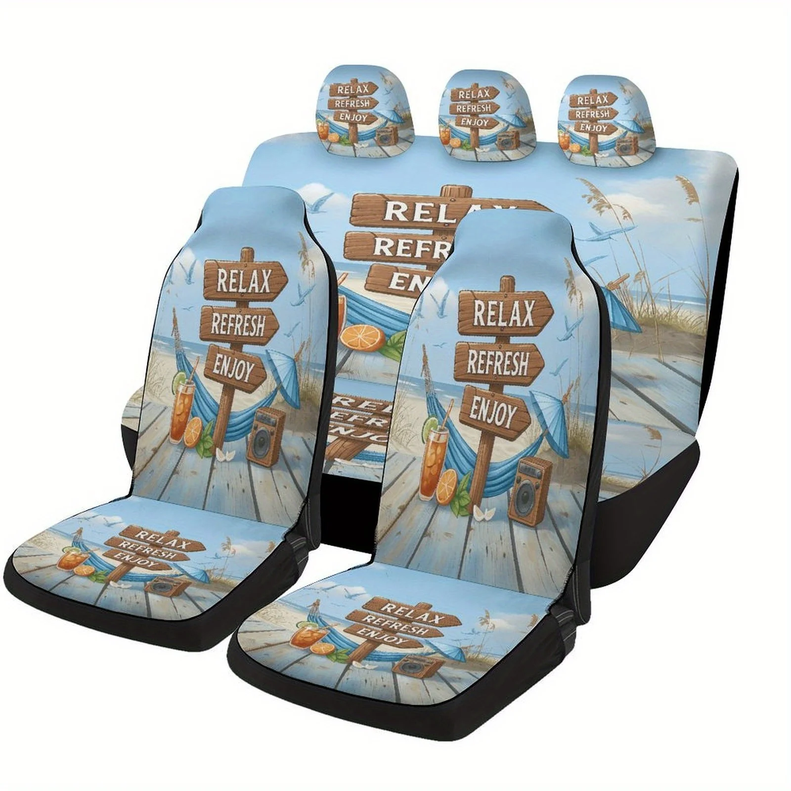 Car Seat Cover Set Featuring A Beach Relaxation Design, Suitable For Most Vehicles. This High-Quality, Comfortable Set Includes